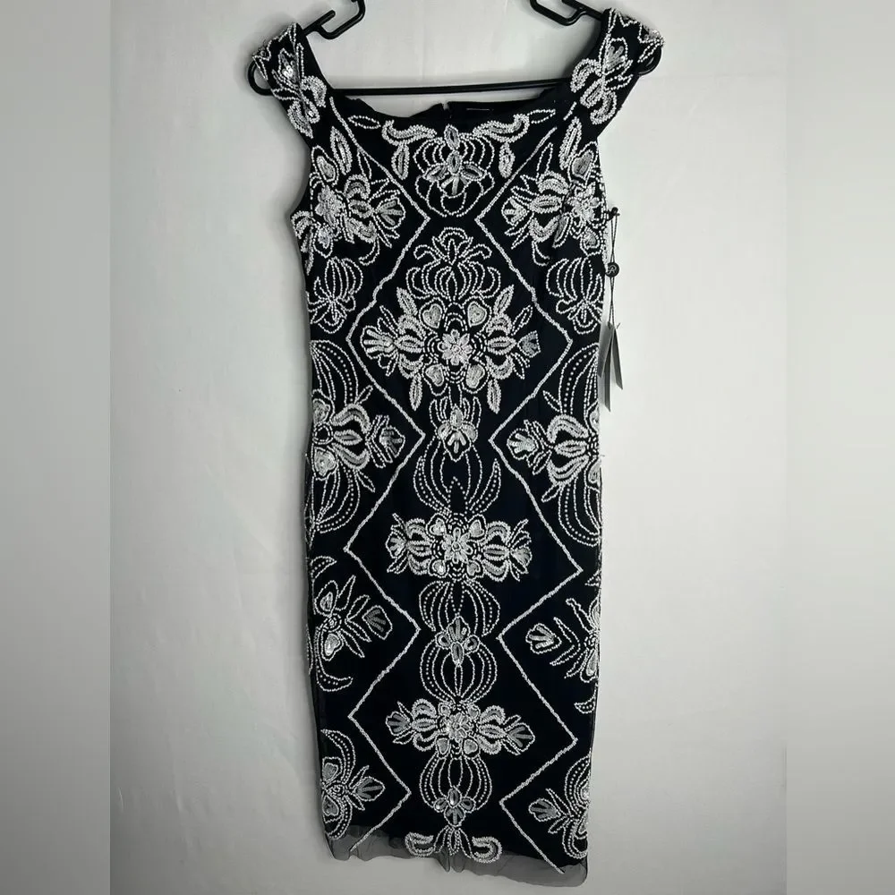 NWT Adrianna Papell Women’s Off Shoulder Fitted Beaded Dress. Black White. SZ 2P